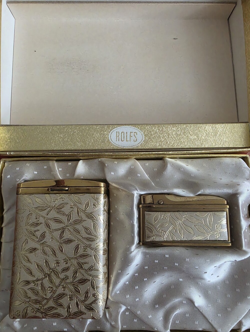 Vintage Rolfs Gold Embossed Cigarette Case & Lighter Set Boxed